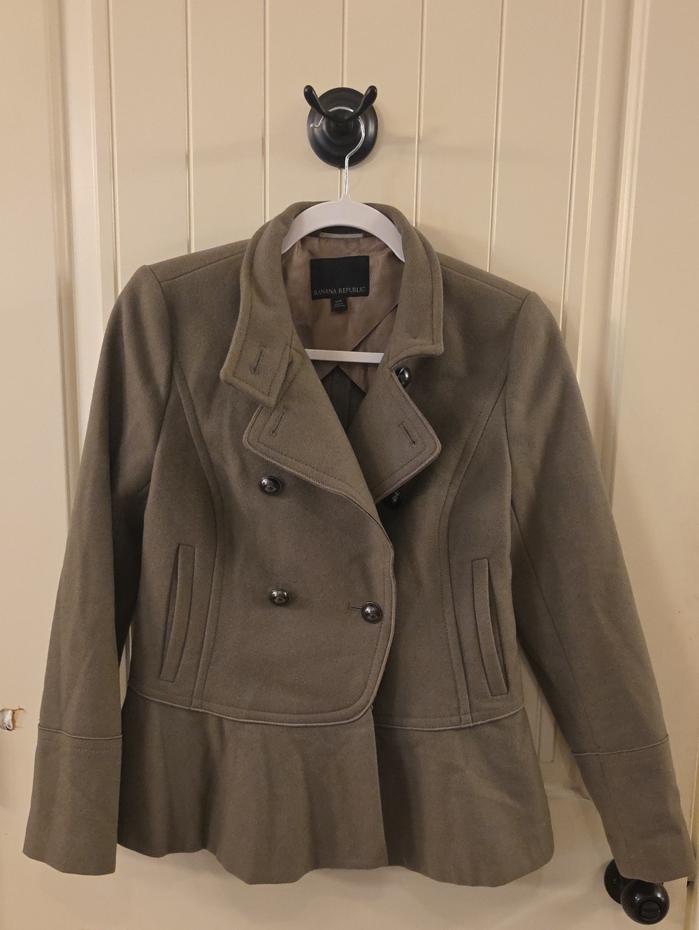 Banana Republic Olive Green Double-Breasted Peacoat with Peplum Hem